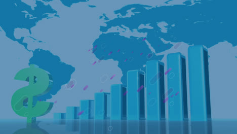 animation of purple lines over dollar sign, graph and world map