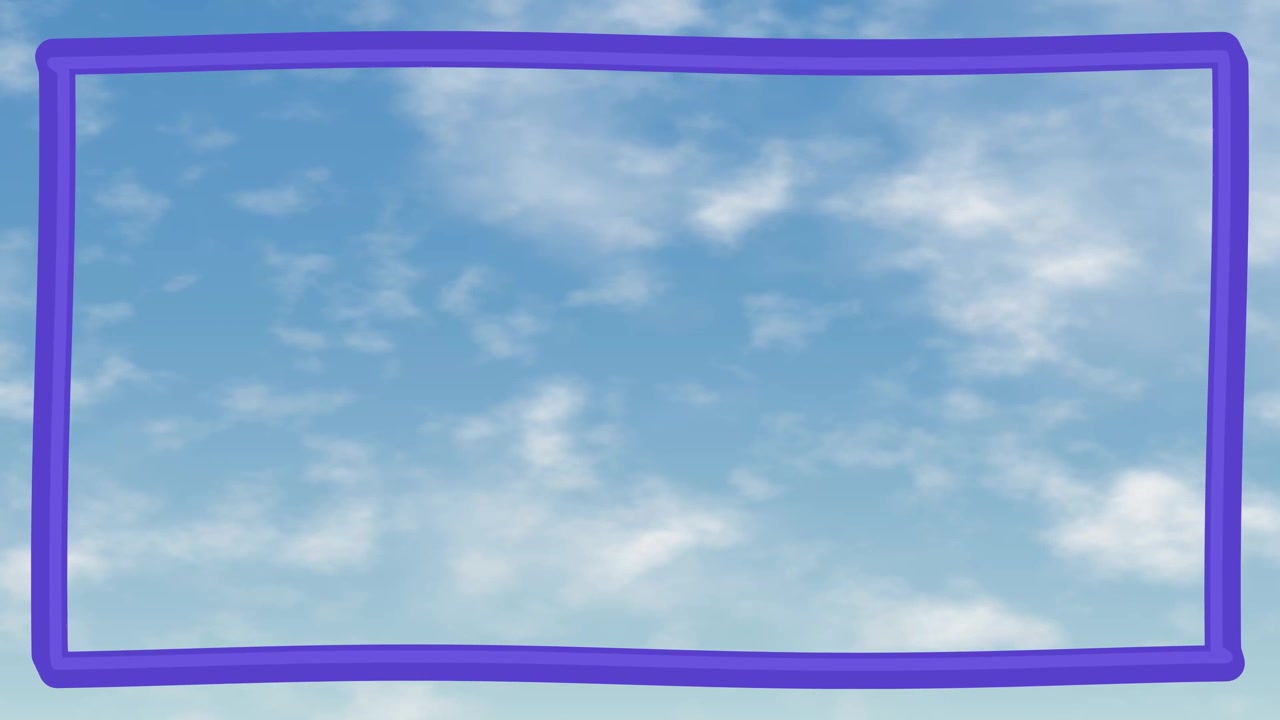 Câmera animada movendo-se para frente através de um céu azul nublado dentro de uma moldura com borda roxa