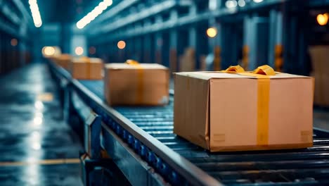 a conveyor belt with boxes on it in a warehouse