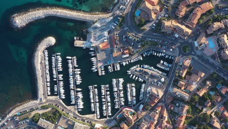 High-quality-top-aerial-view-Sausset-les-Pins-mediterranean-city-sunset-time