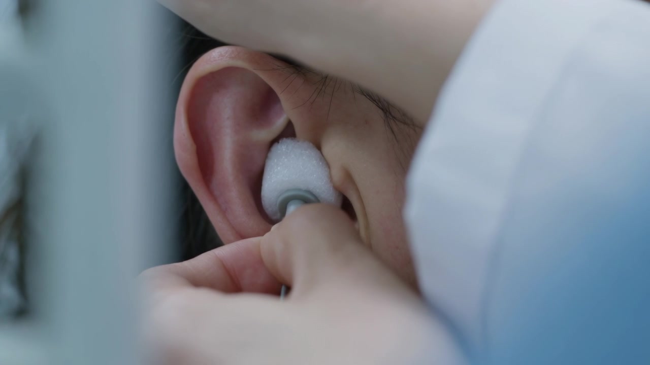 Allineando un dispositivo tecnologico, una mano in manica bianca inserisce la punta in schiuma nel condotto uditivo, cavo pendente, esame clinico.