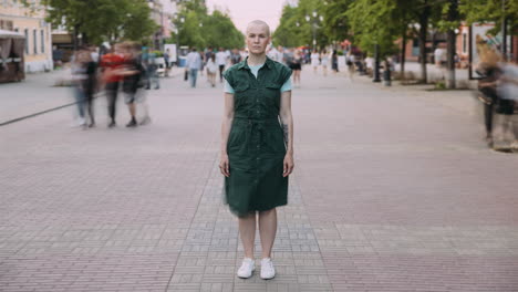 woman walking down a city street