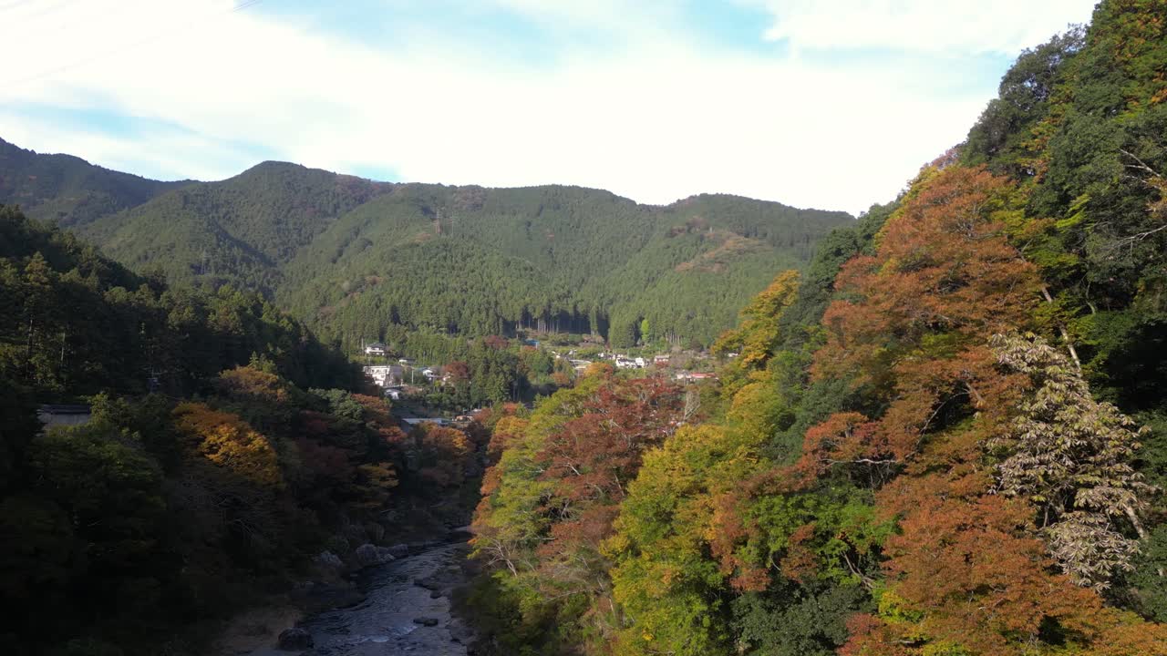 Okutama area in western Tokyo during fall colors, high aerial drone view