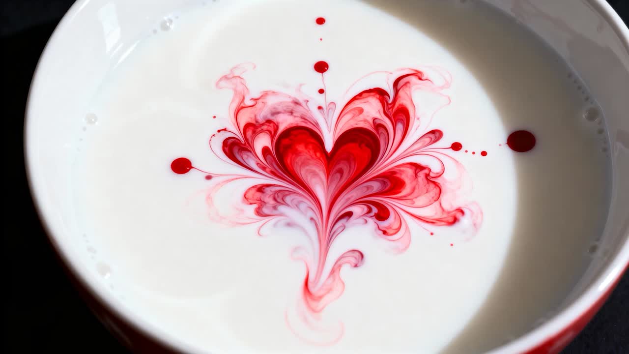 Gocce di colorante rosso che si espandono formando un cuore dopo essere state versate in un liquido bianco in una ciotola rotonda di ceramica