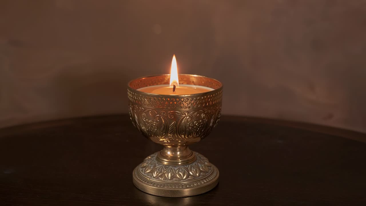 Portacandela a calice in metallo ornato e tremolante che proietta luce calda su un tavolo di legno con fiamma visibile