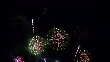 múltiples rayos de fuegos artificiales de colores en el cielo nocturno.