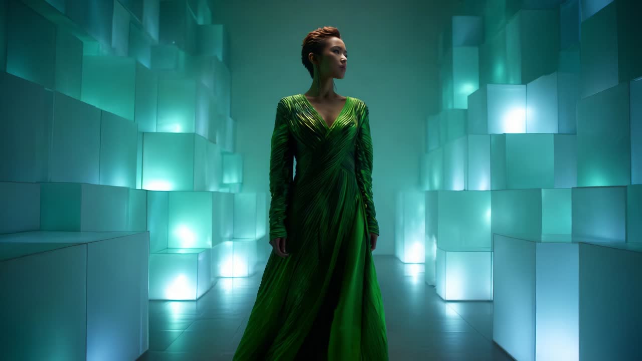 A Stunning Fashion Moment: A Woman in a Flowing Green Gown Stands Gracefully Amidst a Futuristic Minimalist Environment Featuring Soft Illumination and Geometric Shapes, Capturing Elegance and Modernity