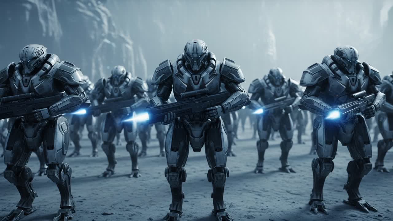 A Line of Futuristic Armored Soldiers Heavy with Advanced Weaponry Prepared for Battle in an Alien Landscape, Showcasing the Strength of Technology and Strategy