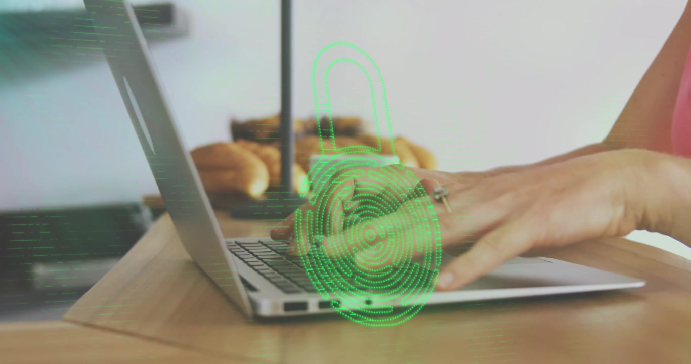 Animazione di un lucchetto di sicurezza online su uno scienziato con un laptop.