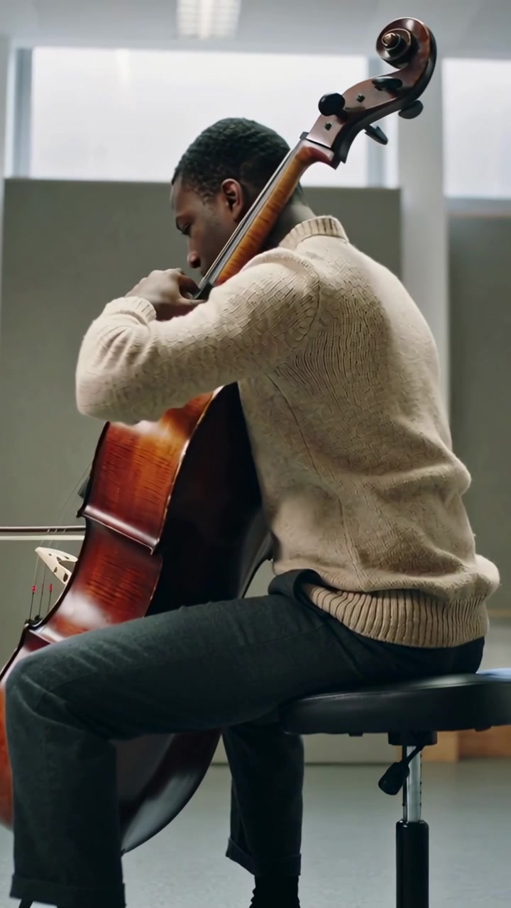 Vertical video: Adjusting cello, cellist bowing in rehearsal room, wearing cream sweater