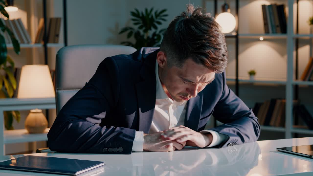 Professional businessman feeling overwhelming workplace stress, lowering weary head onto desk, conveying mental exhaustion and emotional burnout within modern corporate environment