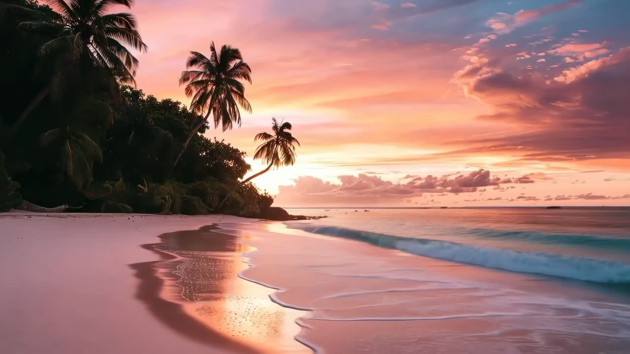 A serene beach sunset video captures vibrant skies and calm waves from a low-angle perspective
