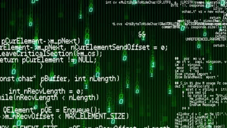animation of digital code and binary numbers over programming script background