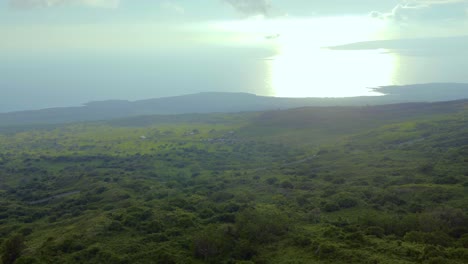 Aerial-view-of-the-Hawaiian-island-Maui-and-its-lush,-rolling-green-hill-landscape