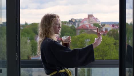 blond hair woman distance chatting with her friends during quarantine time