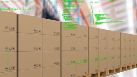 animation of statistics processing over conveyor belts with boxes