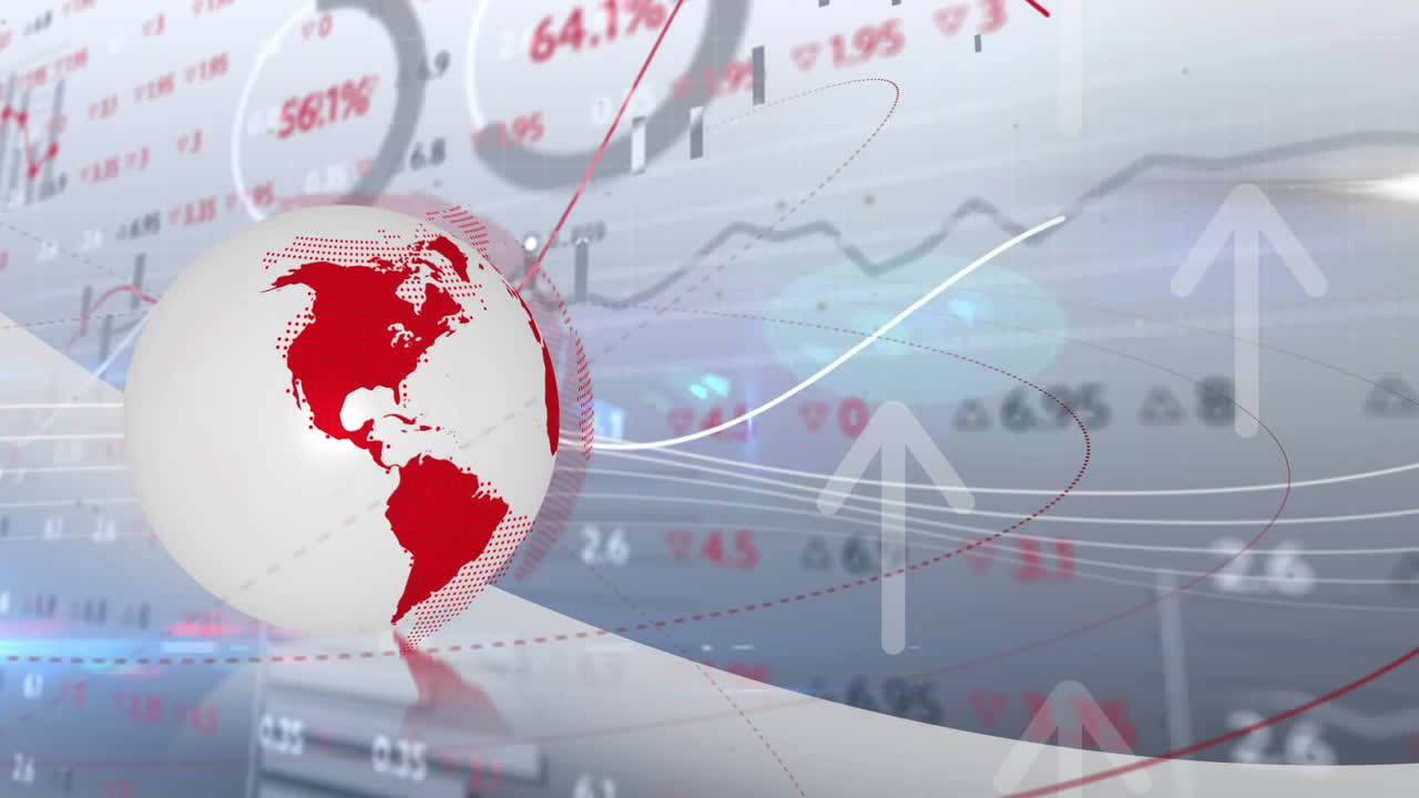 Finansal veri işleme çizgileri üzerinde yukarı işaret eden küre ve okun animasyonu.