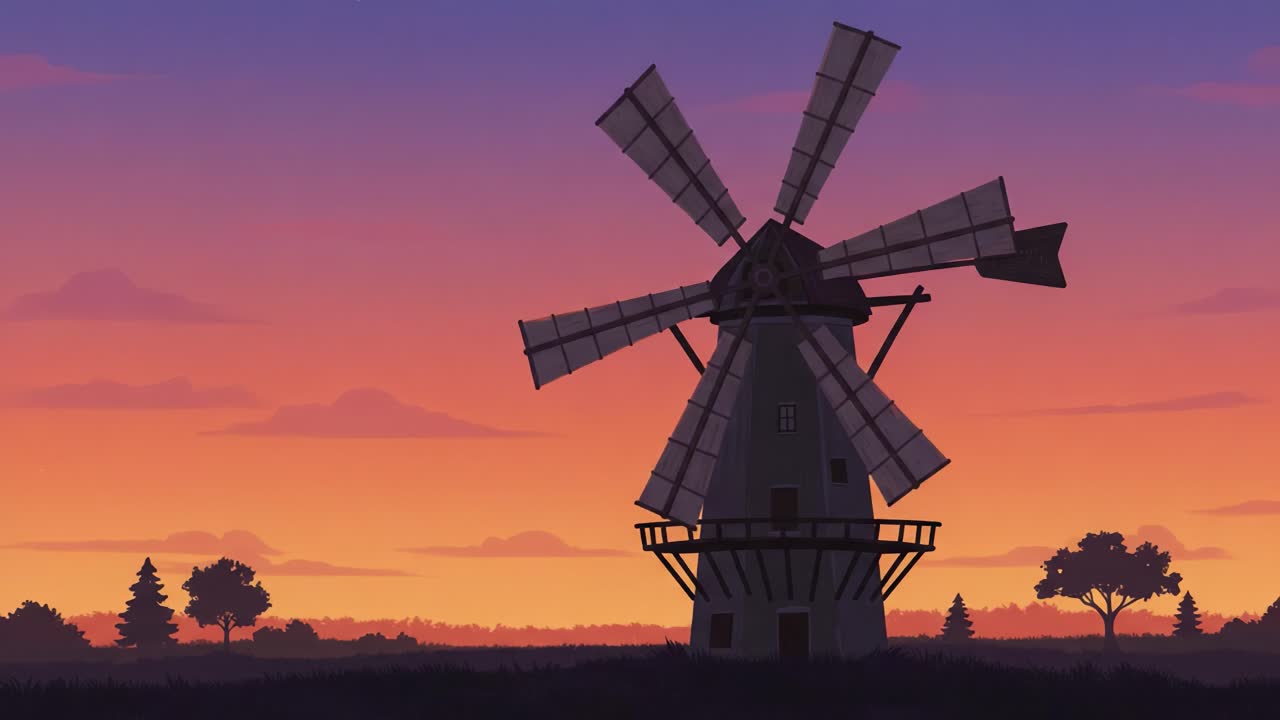 A Stunning Transformation: A Silhouette of a Majestic Windmill Against a Vibrant Sunset Sky, Capturing the Beauty of Nature and Traditional Architecture