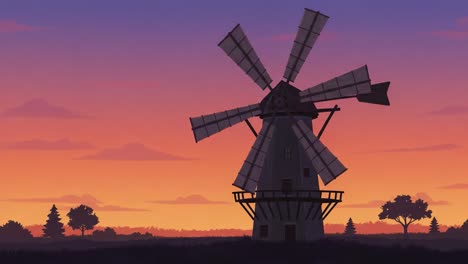 a stunning transformation: a silhouette of a majestic windmill against a vibrant sunset sky, capturing the beauty of nature and traditional architecture