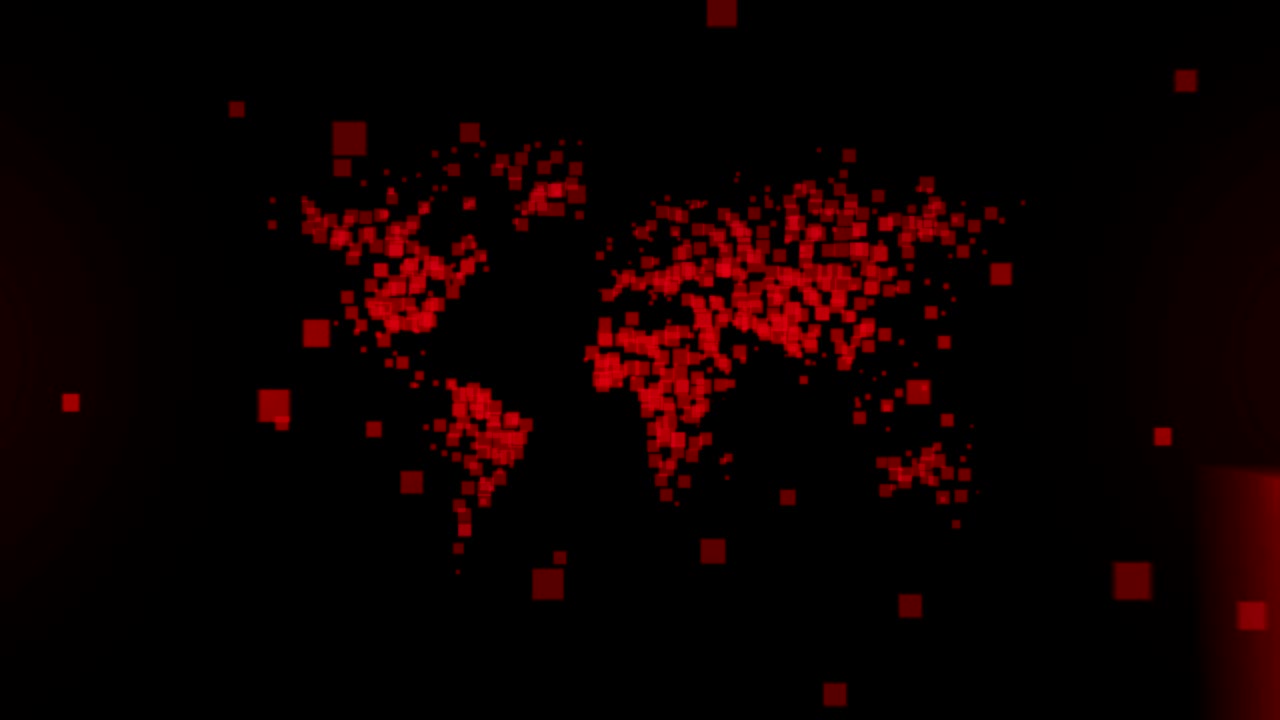 지구 지도 하이테크 배경: 미래 세계 지도 기술 3d 공간 빨간 사각형 입자 루프 애니메이션