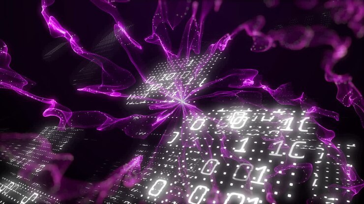Animation of binary coding over purple shapes