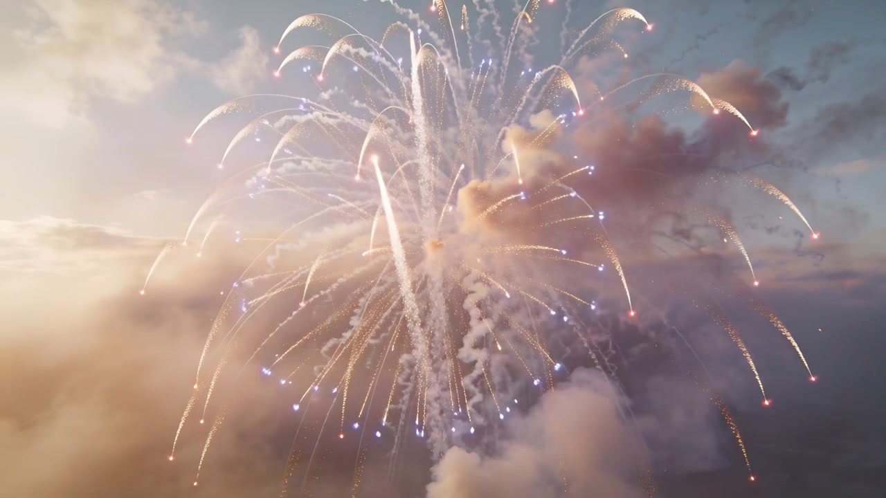 Detonazione di un fuoco d'artificio centrale, con numerosi altri che inviano archi luminosi e scintille sopra un orizzonte velato per lo spettacolo.