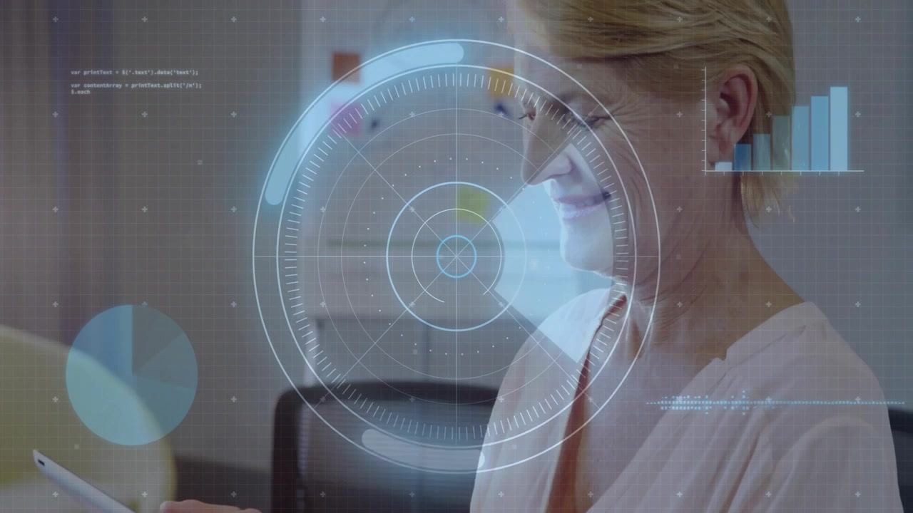 Mature woman tapping tablet in business office, HUD charts surrounding tablet while reviewing data