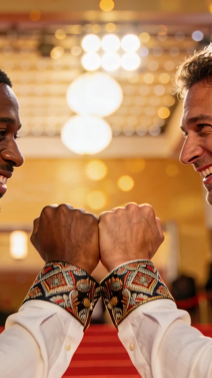 Vertical video: Two men greeting sparking fist bump at formal venue, camera widening, glow on cuffs