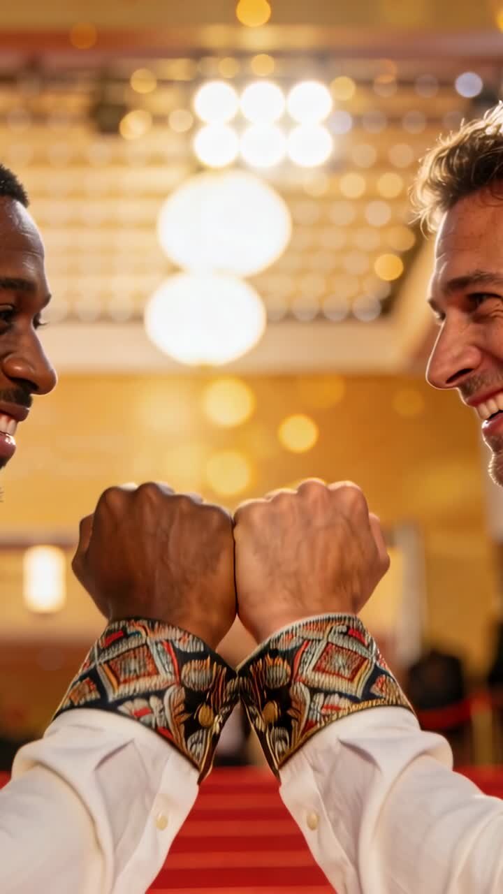 Vertical video: Two men greeting sparking fist bump at formal venue, camera widening, glow on cuffs