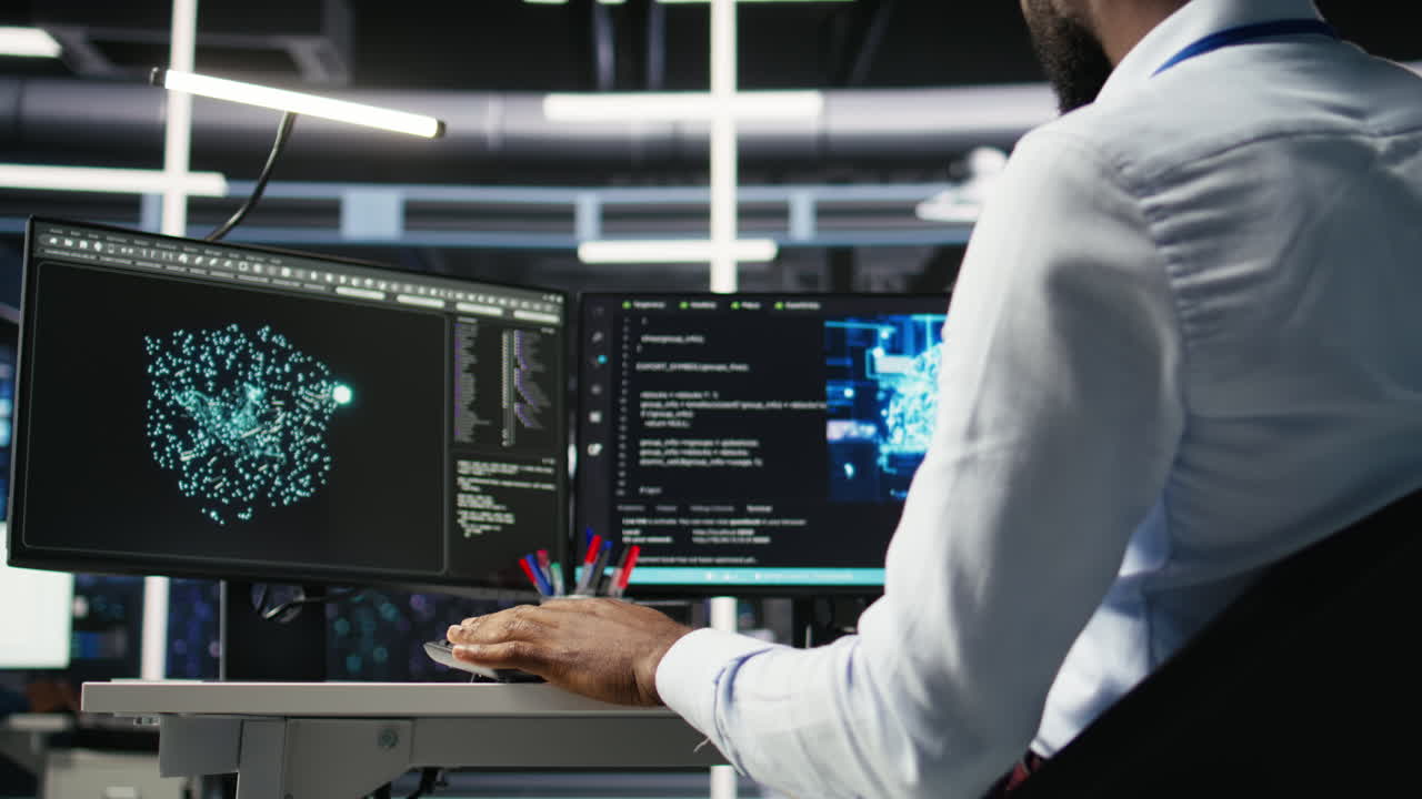 Data center computer scientist at desk using AI deep learning algorithms