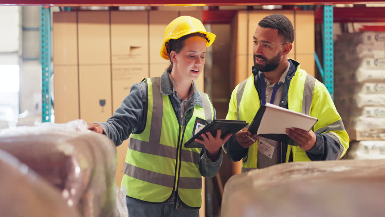trabajadores del almacén discutiendo el inventario