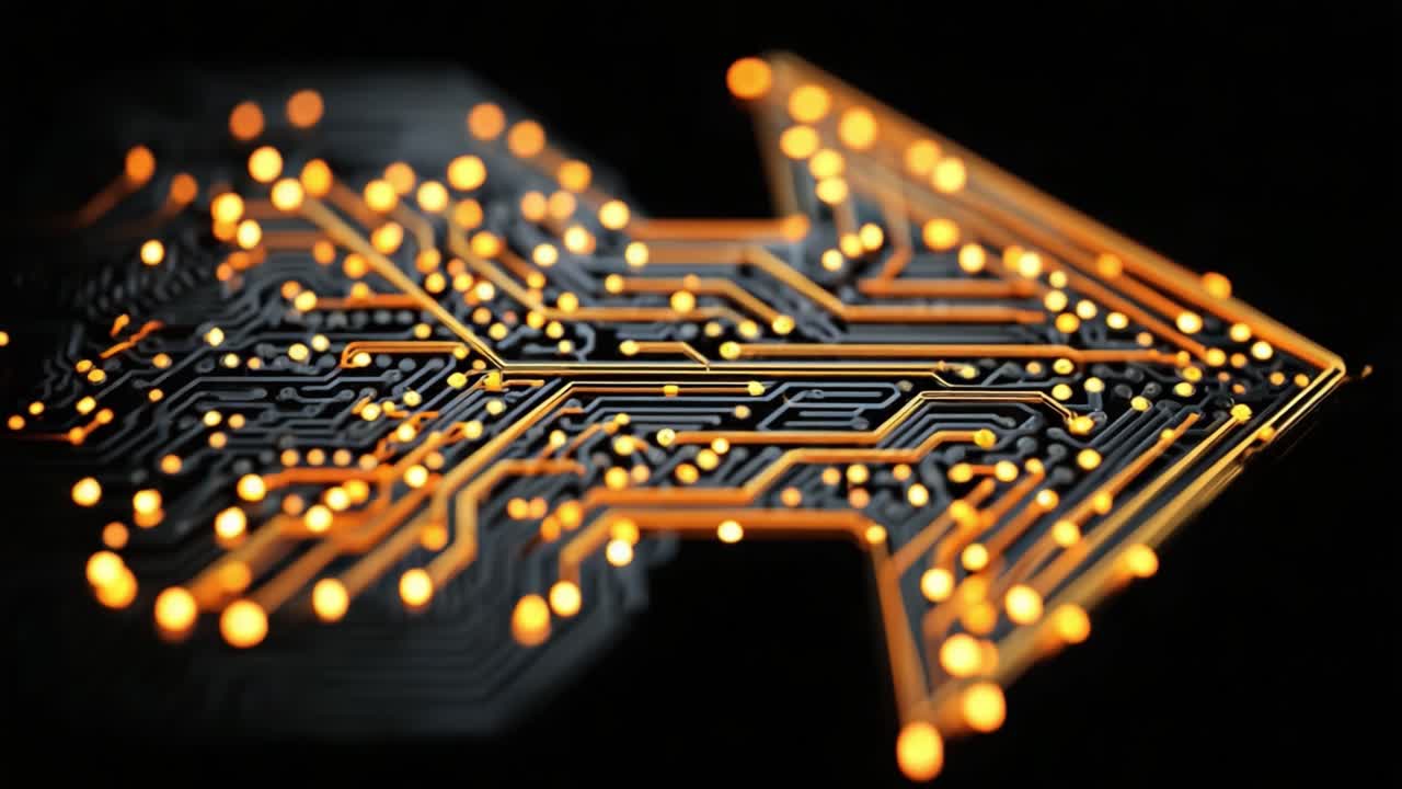 A captivating close-up of a vibrant circuit board design, featuring intricate patterns illuminated by shimmering orange lights, symbolizing technology and innovation