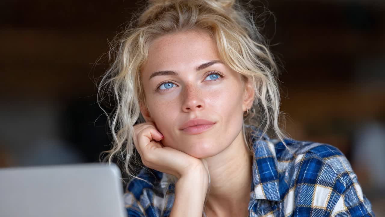 A Thoughtful Moment: A Young Woman Contemplates Life with a Charming Smile While Seated at a Cafe with Her Laptop Open Before Her