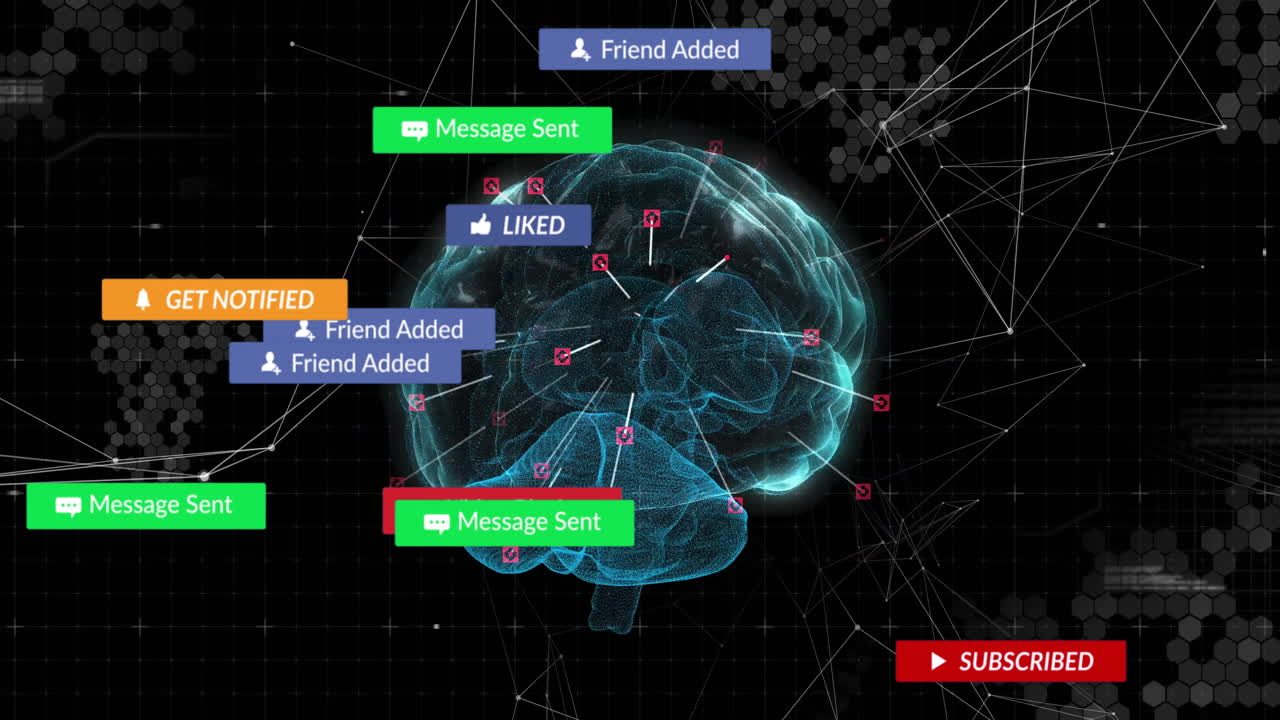 Blue wireframe brain floating in grid cyberspace, showing animated network lines and social icons