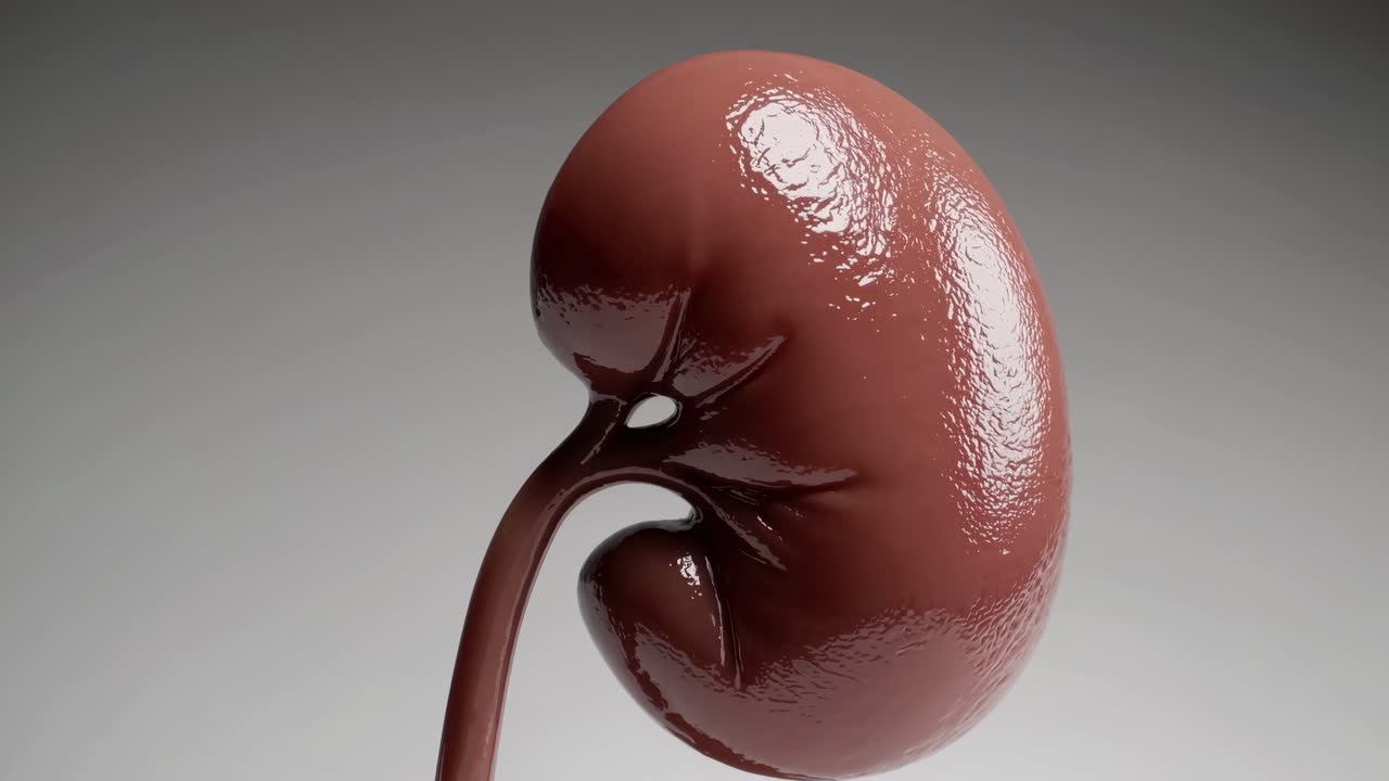 Close-up, 3D-rendered kidney model from a low angle, showcasing its texture and structure