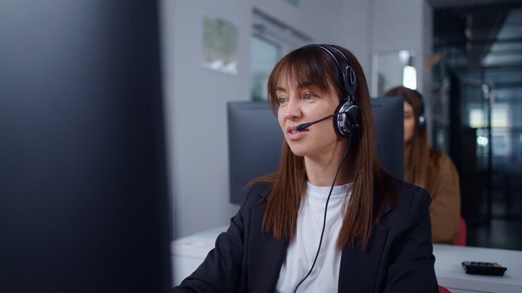 Woman working on computer with headset, in a call center environment