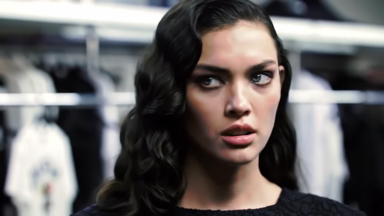 A Close-Up of a Pensive Woman with Wavy Hair in a Fashionable Setting, Capturing a Moment of Reflection Amidst Clothing Racks and Accessories