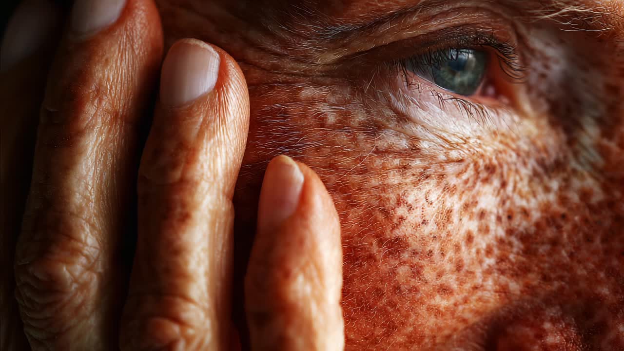 Close-up of a wrinkled hand gently touching a weathered face, showcasing deep textures and intricate details of the skin, evoking themes of age, vulnerability, and human emotion