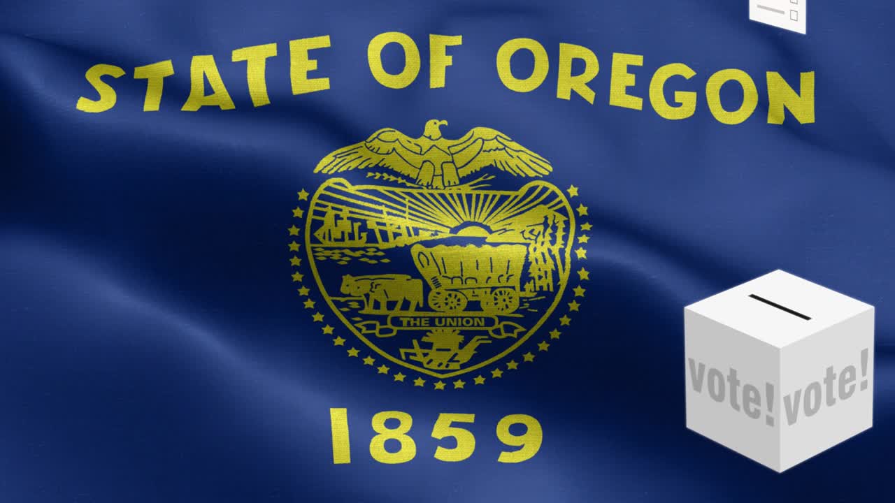 오리건 주 - 투표용지가 오리건 선택을 위해 상자에 날아갑니다 - 발 앞에 있는 투표용지 - 선거 - 투표 - 국가 발 오리건주 파동 패턴 루프 가능한 요소 - 직물 질감과 끝없는 루프 - 오리곤 주 루프 가능한 발 - 미국 주 발