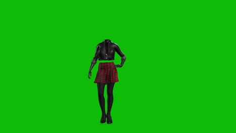 3d invincible woman wearing leather jacket, short skirt and high heels, cheering happy on green screen, 3d animation, front view