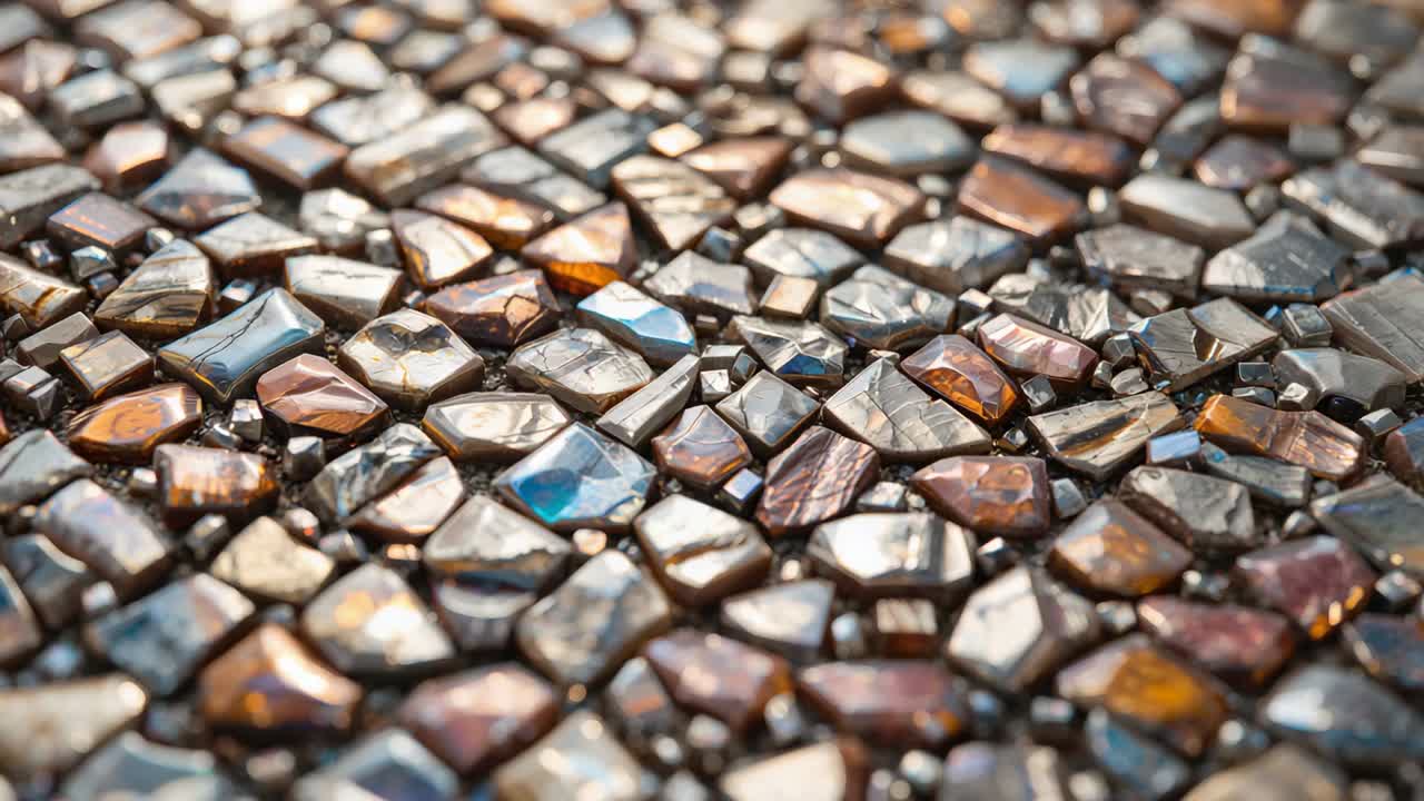 Câmera ajustando o foco, movendo-se sobre um mosaico decorativo na galeria, revelando tesselas polidas e a argamassa.