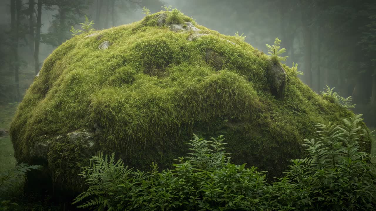 Camera che esegue una panoramica per rivelare un masso coperto di muschio con felci in una foresta nebbiosa per mostrare la texture