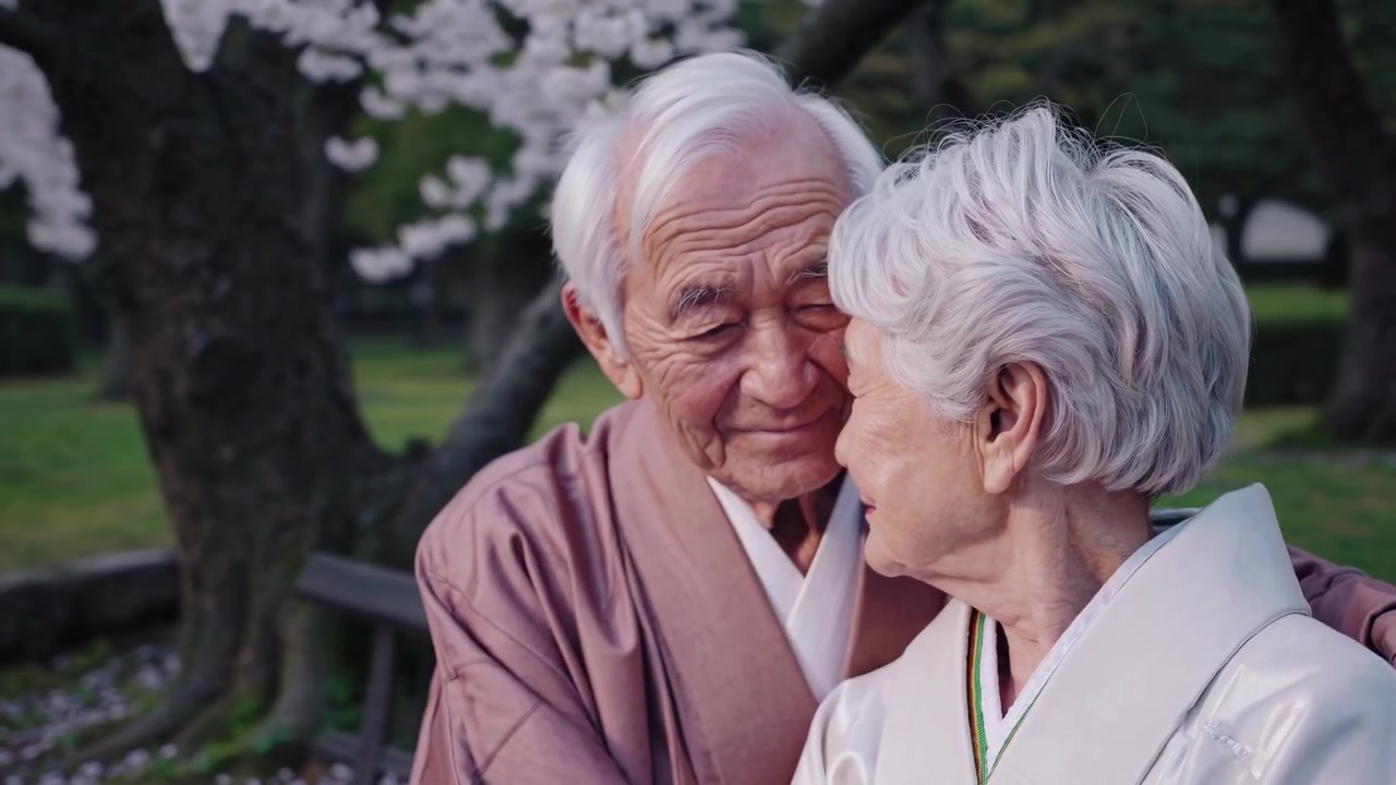 Coppia anziana romantica in kimono sotto i fiori di ciliegio