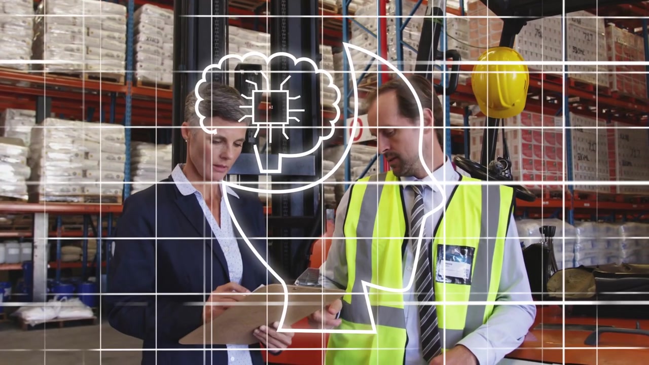 Uomo che indica scaffali, donna che scrive su un blocco appunti per un controllo dell'inventario, icona di intelligenza artificiale che si forma sopra il blocco appunti