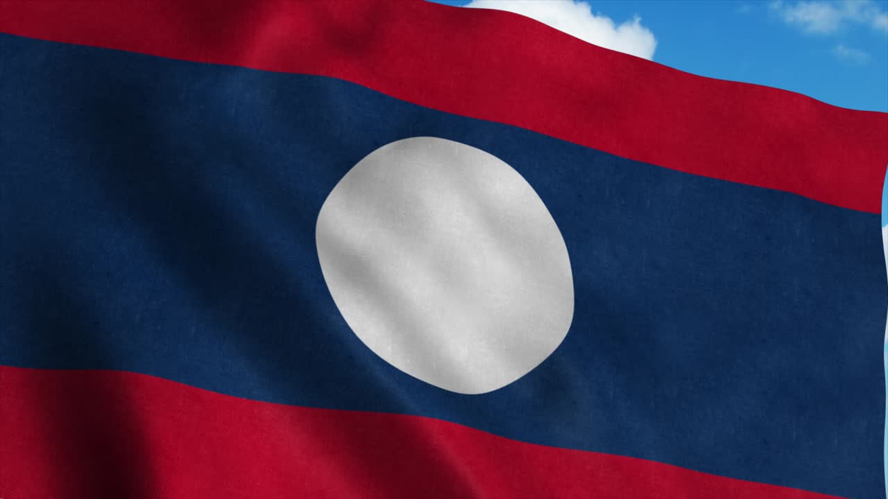 Laos flag waving in the wind, blue sky background. 4K