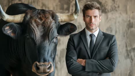confident executive crossing arms near bronze bull statue, representing market dominance, financial strength, corporate success in wall street investment environment