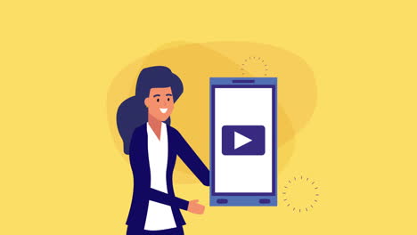 mujer de negocios usando un teléfono inteligente con animación de reproductor de medios