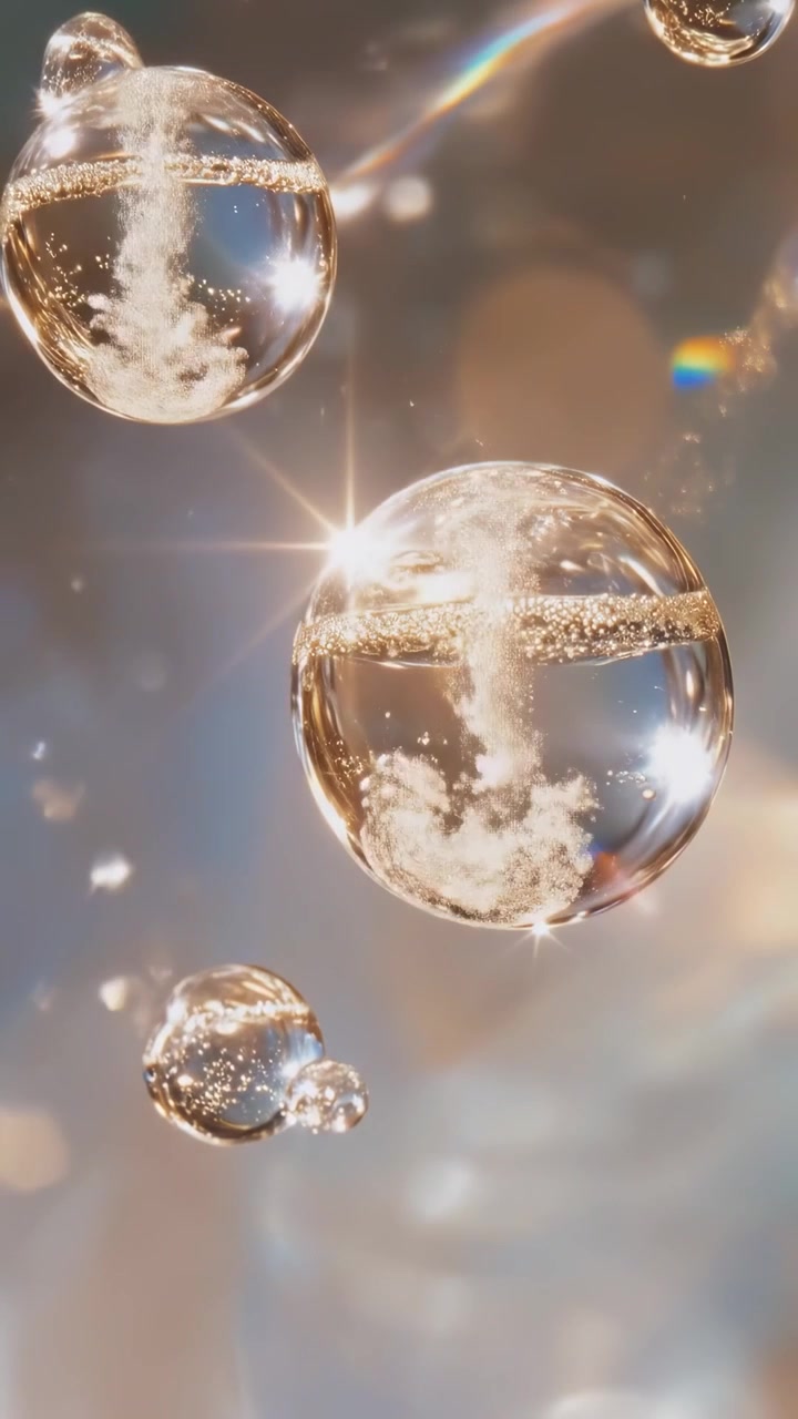 Animazione astratta di sfere liquide fluttuanti con particelle dorate