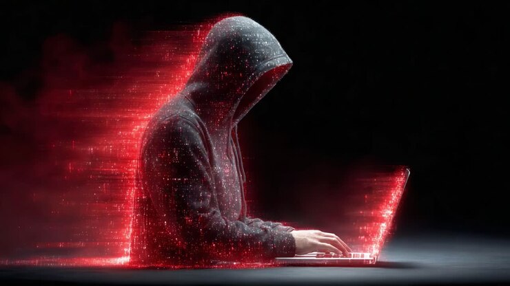 Una figura misteriosa con una felpa con cappuccio impegnata in attività digitali, che rappresenta il fascino della sicurezza informatica e il mondo occulto dell'hacking in un ambiente digitale rosso incandescente