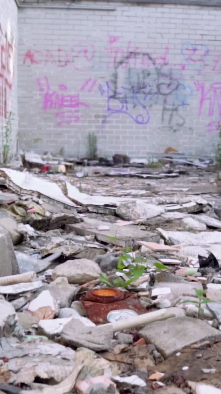 Abandoned Building with Graffiti and Debris